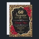 Überraschung 60. Geburtstag - Leopard Black Gold R Einladung<br><div class="desc">Überraschung 60. Geburtstag Einladung. Weibliches Schwarz,  rotes Design mit Imitaten Glitzer Gold. Features Tier Leopard Geparden Geparden,  rote Rosen,  Skript-Schriftart und Konfetti. Ideal für eine elegante Geburtstagsfeier. Kann personalisiert sein,  jedes Alter zu zeigen. Nachricht,  wenn Sie weitere Anpassungen benötigen.</div>