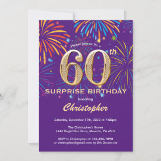 Überraschung 60. Geburtstag Lila und Gold Feuerwer Einladung