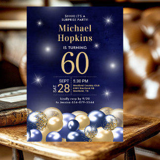 Überraschung 60. Geburtstag Navy Blue Gold Balloon Einladung