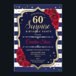 Überraschung 60. Geburtstag - Navy White Red Einladung<br><div class="desc">Überraschung 60. Geburtstag Einladung. Weibliche marineblau,  weiß,  rot Design mit Imitaten Glitzer Gold. Features Marine und weiße Streifen,  rote Rosen,  Skript-Schriftart und Konfetti. Ideal für eine elegante Geburtstagsfeier. Kann personalisiert sein,  jedes Alter zu zeigen. Nachricht,  wenn Sie weitere Anpassungen benötigen.</div>