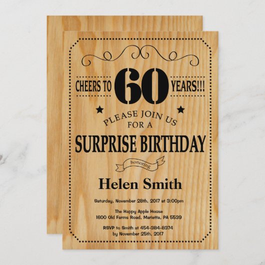 Überraschung 60. Geburtstag Rustikales Holz Einladung (Vorne/Hinten)