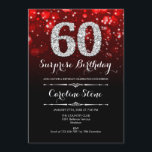 Überraschung 60. Geburtstag - Schwarzes Rotes Silb Einladung<br><div class="desc">Überraschung 60. Geburtstag Einladung. Elegantes schwarz rotes Design mit Imitaten Glitzer Silber. Erwachsener Geburtstag. Enthält Diamanten,  Bokeh-Leuchten und Skript-Schriftart. Männer oder Frauen laden ein. Ideal für eine stilvolle Geburtstagsfeier. Nachricht,  wenn Sie weitere Anpassungen benötigen.</div>