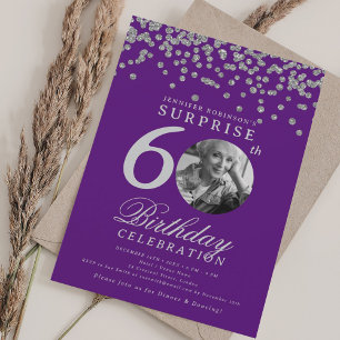 ÜBERRASCHUNG 60. Geburtstag Silver Confetti Lila Einladung