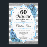 Überraschung 60. Geburtstag - Silver White Blue Einladung<br><div class="desc">Überraschung 60. Geburtstag Einladung. Weiß,  türkisblau,  blau und weiß mit Imitaten Glitzer silber. Features Streifen,  blassblaue Rose,  Skript-Schriftart und Konfetti. Ideal für eine elegante Geburtstagsfeier. Kann personalisiert sein,  jedes Alter zu zeigen. Nachricht,  wenn Sie weitere Anpassungen benötigen.</div>