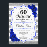 Überraschung 60. Geburtstag - Silver White Royal B Einladung<br><div class="desc">Überraschung 60. Geburtstag Einladung. Weiblich,  königsblau mit Imitaten Glitzer Silber. Features Streifen,  saphir blauen Rose,  Skript-Schriftart und Konfetti. Ideal für eine elegante Geburtstagsfeier. Kann personalisiert sein,  jedes Alter zu zeigen. Nachricht,  wenn Sie weitere Anpassungen benötigen.</div>