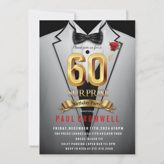 Überraschung 60. Geburtstag Tuxedo Einladung (Vorderseite)