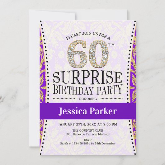 Überraschung 60. Geburtstag - White Gold Lila Einladung (Vorderseite)