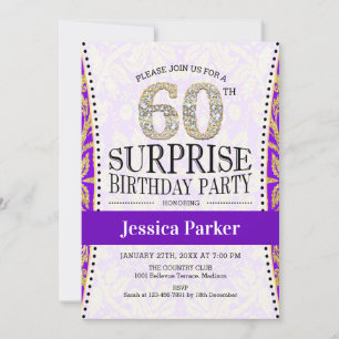 Überraschung 60. Geburtstag - White Gold Lila Einladung
