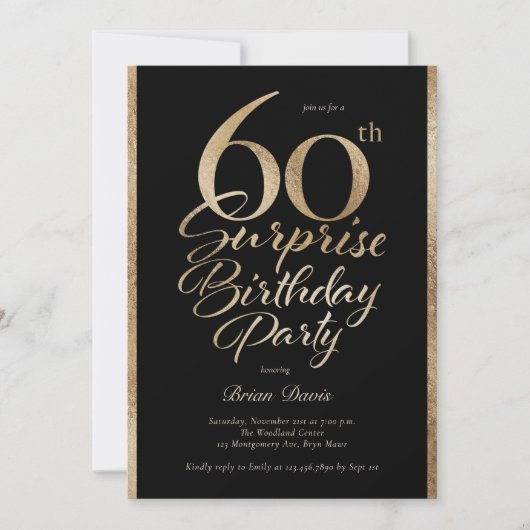 Überraschung 60. Geburtstagsparty Black & Gold Einladung (Vorderseite)