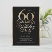 Überraschung 60. Geburtstagsparty Black & Gold Einladung (Stehend Vorderseite)