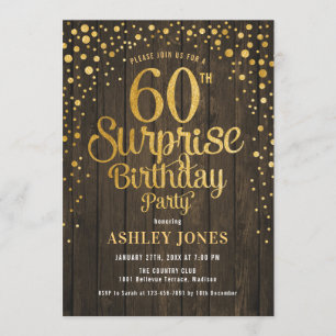 Überraschung 60. Geburtstagsparty - Holz & Gold Einladung