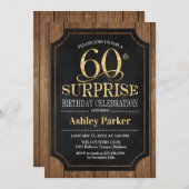Überraschung 60. Geburtstagsparty - Holz Gold Einladung (Vorne/Hinten)