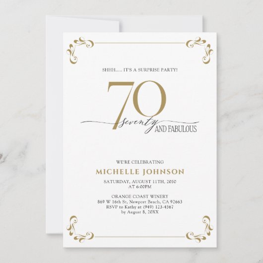 Überraschung 70 & fabelhafte Black & Gold Geburtst Einladung (Vorderseite)