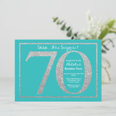 Überraschung 70. Geburtstag Aquamarin und Silberne Einladung (Stehend Vorderseite)