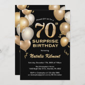 Überraschung 70. Geburtstag Black and Gold Ballons Einladung (Vorne/Hinten)