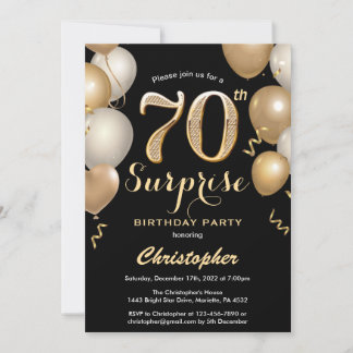 Überraschung 70. Geburtstag Black and Gold Ballons Einladung