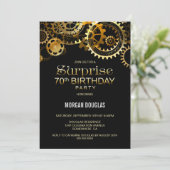 Überraschung 70. Geburtstag Black Gold Steampunk Einladung (Stehend Vorderseite)