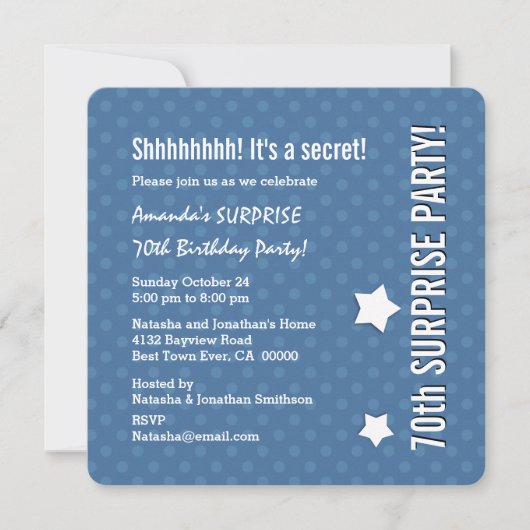 ÜBERRASCHUNG 70. Geburtstag BLAU Polka Dots V02 Einladung (Vorderseite)