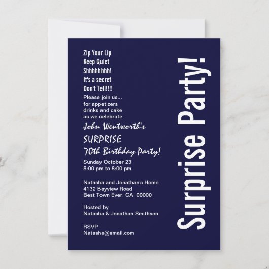 ÜBERRASCHUNG 70. Geburtstag Budget Mitternacht Wei Einladung (Vorderseite)