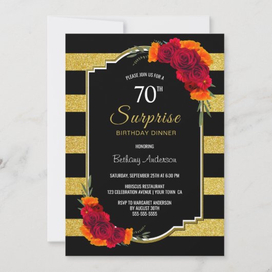 Überraschung 70. Geburtstag Dinner Schwarz Gold St Einladung (Vorderseite)