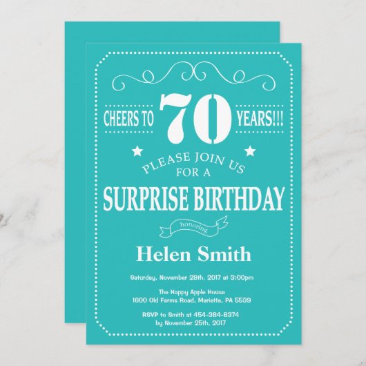 Überraschung 70. Geburtstag Einladung Aquamarin un (Vorne/Hinten)