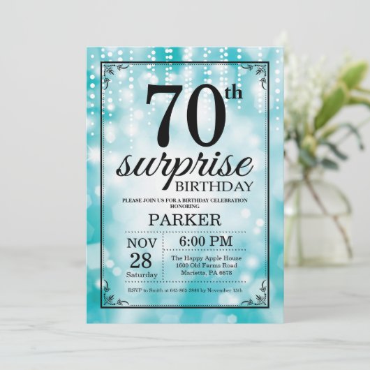 Überraschung 70. Geburtstag Einladung Aquamarinen (Stehend Vorderseite)