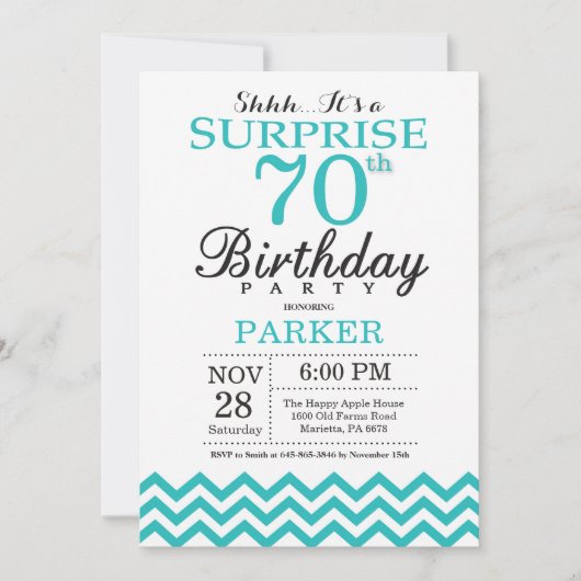 Überraschung 70. Geburtstag Einladung Aquamarinen (Vorderseite)