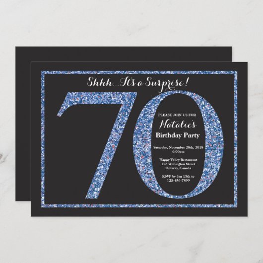 Überraschung 70. Geburtstag Einladung Blauer Glitz (Vorne/Hinten)