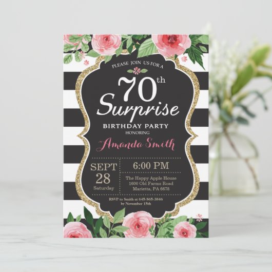 Überraschung 70. Geburtstag Einladung Frauen Blume (Stehend Vorderseite)
