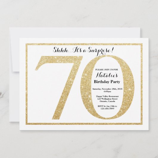 Überraschung 70. Geburtstag Einladung Gold Glitzer (Vorderseite)