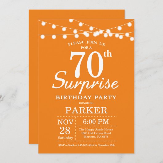 Überraschung 70. Geburtstag Einladung Orange (Vorne/Hinten)