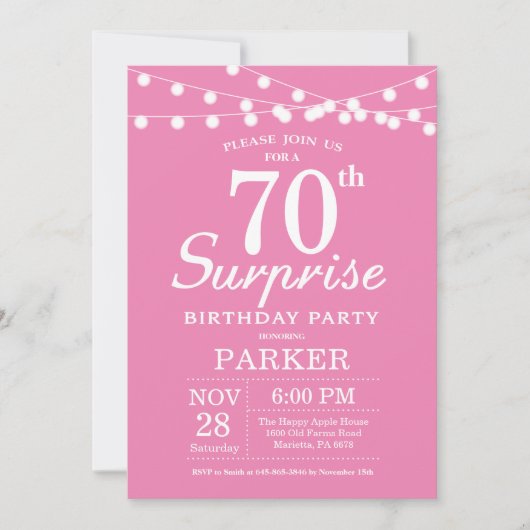 Überraschung 70. Geburtstag Einladung Pink (Vorderseite)