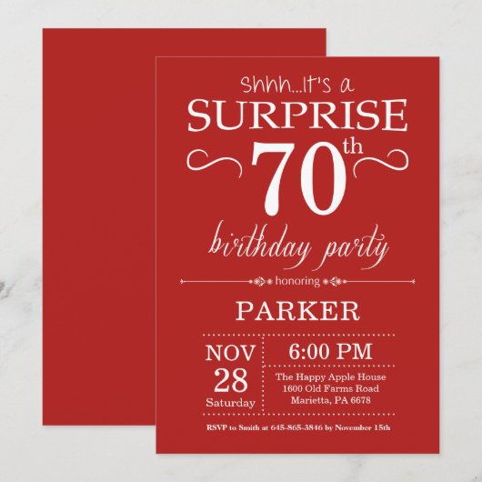 Überraschung 70. Geburtstag Einladung Rot (Vorne/Hinten)