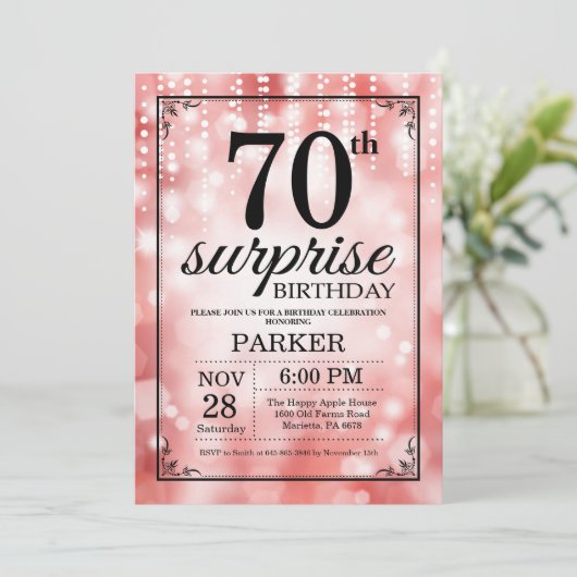 Überraschung 70. Geburtstag Einladung Roter Glitze (Stehend Vorderseite)