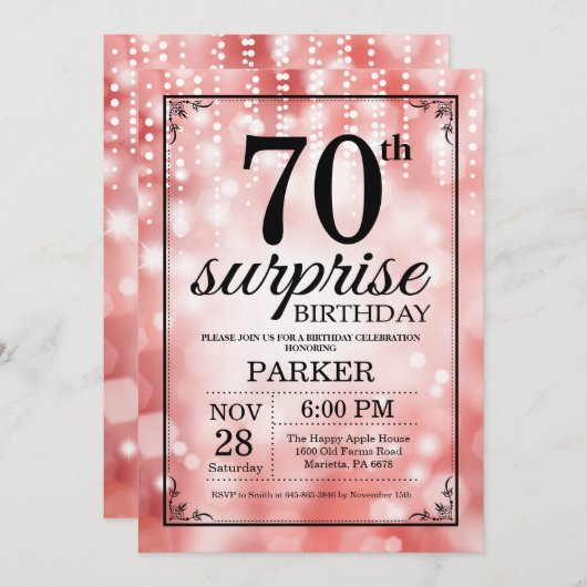 Überraschung 70. Geburtstag Einladung Roter Glitze (Vorne/Hinten)