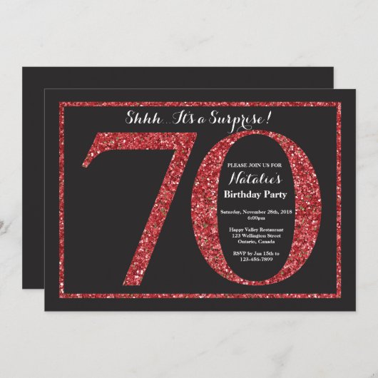 Überraschung 70. Geburtstag Einladung Roter Glitze (Vorne/Hinten)
