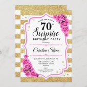 Überraschung 70. Geburtstag - Gold Weißrosa Einladung (Vorne/Hinten)