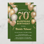 Überraschung 70. Geburtstag Grün und Gold Ballons Einladung (Vorne/Hinten)