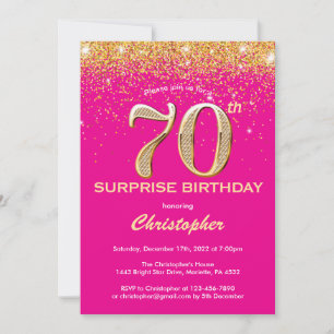 Überraschung 70. Geburtstag Hot Pink und Gold Glit Einladung
