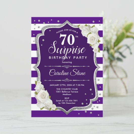Überraschung 70. Geburtstag - Lila Silberweiß Einladung (Stehend Vorderseite)