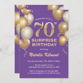 Überraschung 70. Geburtstag Lila und Gold Ballons Einladung (Vorne/Hinten)