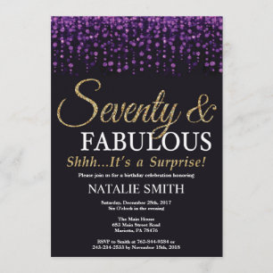 Überraschung 70. Geburtstag Lila und Gold Glitzer Einladung