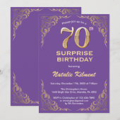 Überraschung 70. Geburtstag Lila und Gold Glitzer Einladung (Vorne/Hinten)
