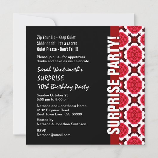 ÜBERRASCHUNG 70. Geburtstag Moderne Rotschwarze Bl Einladung (Vorderseite)