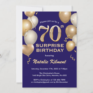Überraschung 70. Geburtstag Navy Blue und Gold Bal Einladung