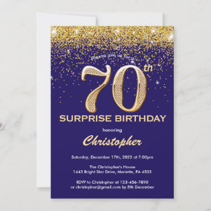 Überraschung 70. Geburtstag Navy Blue und Gold Gli Einladung
