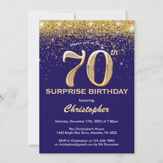 Überraschung 70. Geburtstag Navy Blue und Gold Gli Einladung