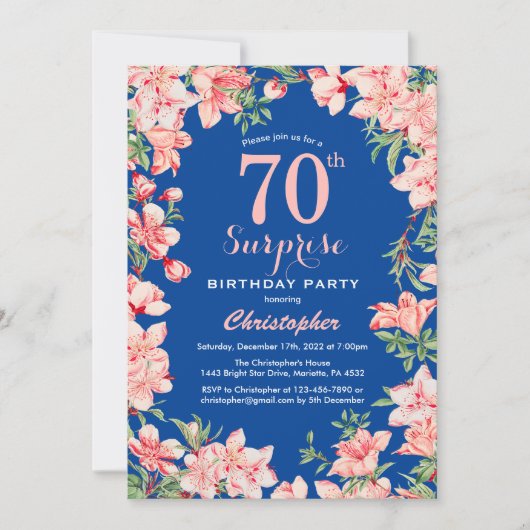 Überraschung 70. Geburtstag Rosa Blume Blau Einladung (Vorderseite)