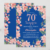 Überraschung 70. Geburtstag Rosa Blume Blau Einladung (Vorne/Hinten)