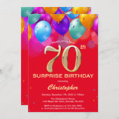 Überraschung 70. Geburtstag Rot und Gold Ballons Einladung (Vorne/Hinten)